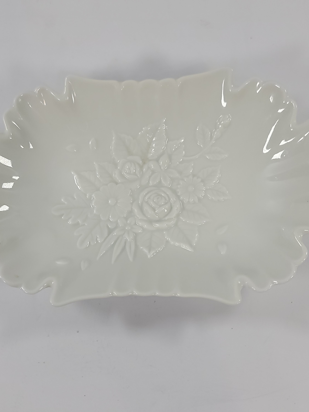 Vintage Porcelain Ruffled Edge Trinket Dish Embossed Flowers